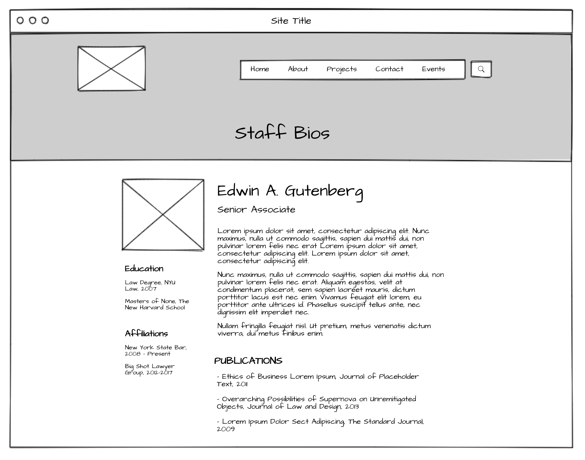 Wireframe of an attorney bio page